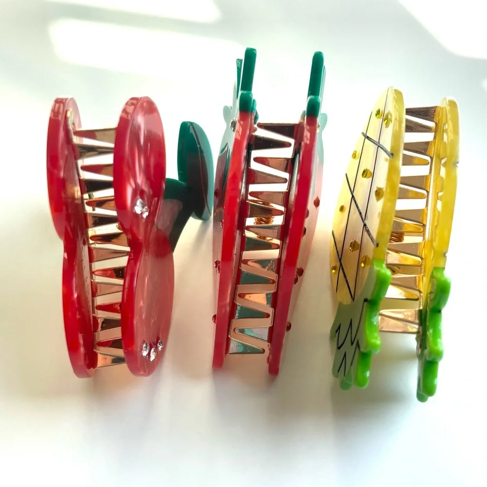 Cherry Pineapple and Strawberry Fruit Acrylic Rhinestone Hair Clips NWOT
